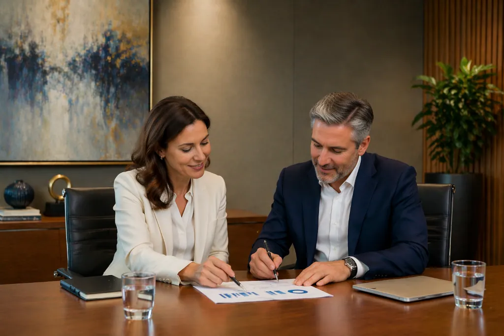 Two executives discussing a document in a boardroom