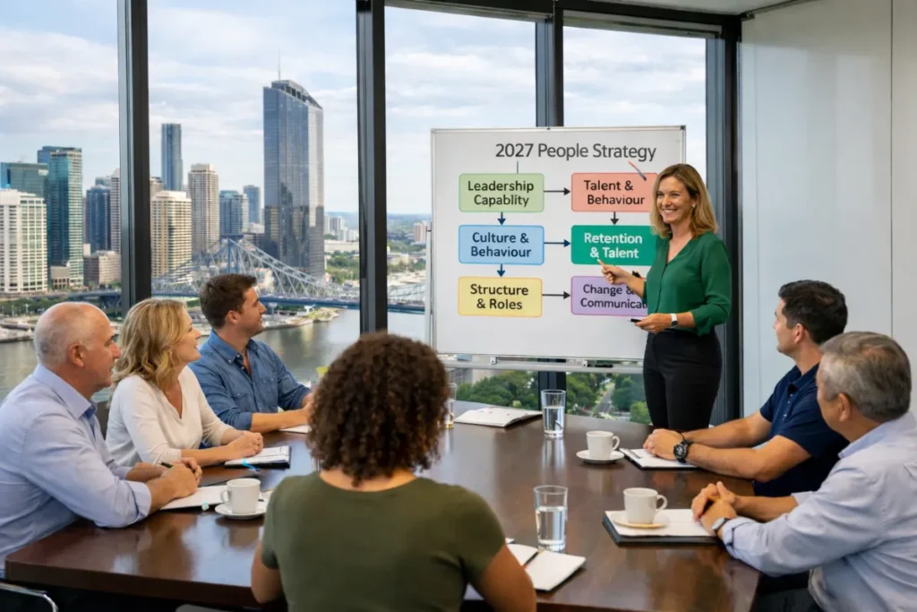 People strategy workshop in a highrise boardroom