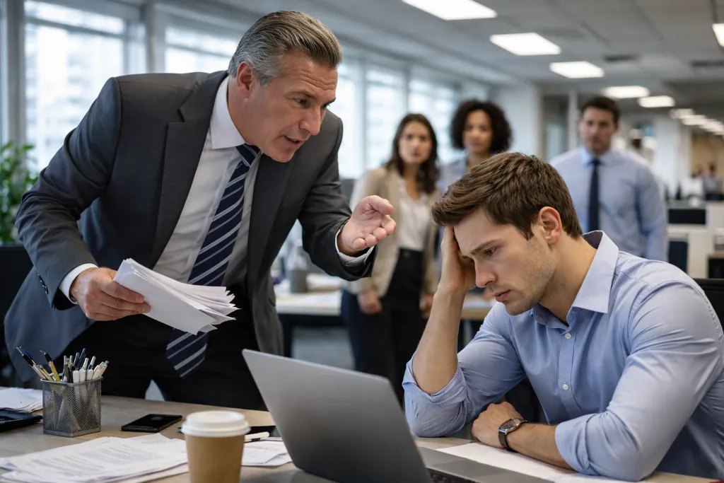 Male boss remonstrating with younger male employee in an office